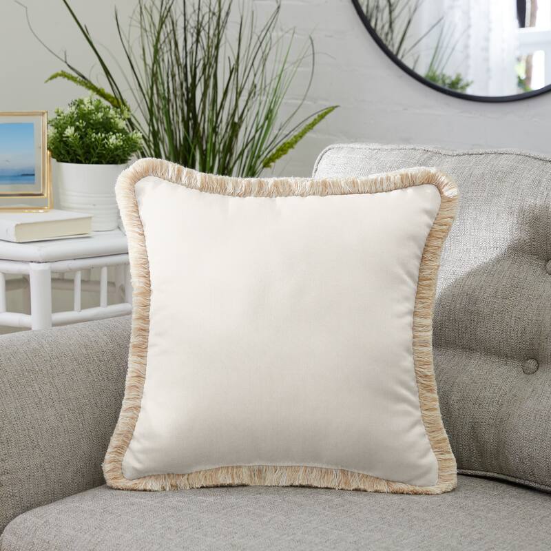 Sunbrella Canvas Natural Indoor/ Outdoor Square Pillow with Fringe - 18 in L x 18 in W