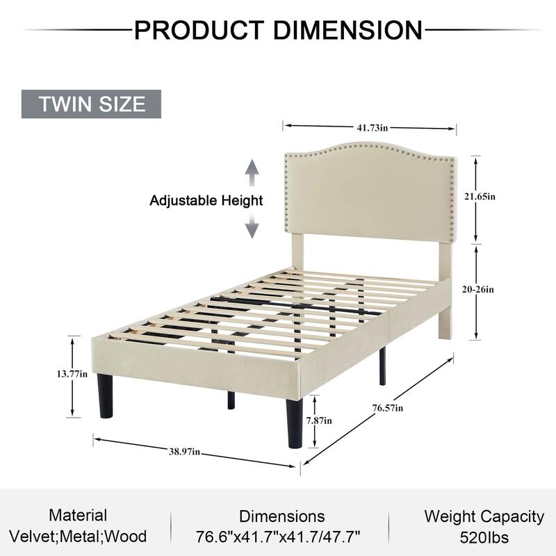 Javlergo Upholstered Platform Bed Frame with Adjustable Headboard, Strong Frame and Wooden Slats Support, Easy Assembly