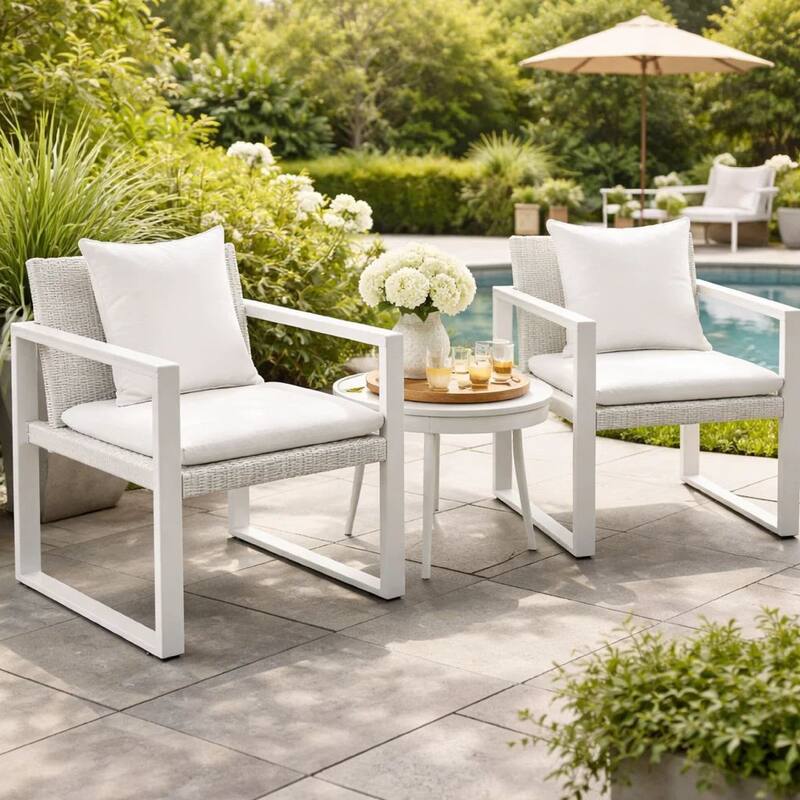 Lark 28 Inch Outdoor Armchair, All Weather Rattan Backrest, White Fabric