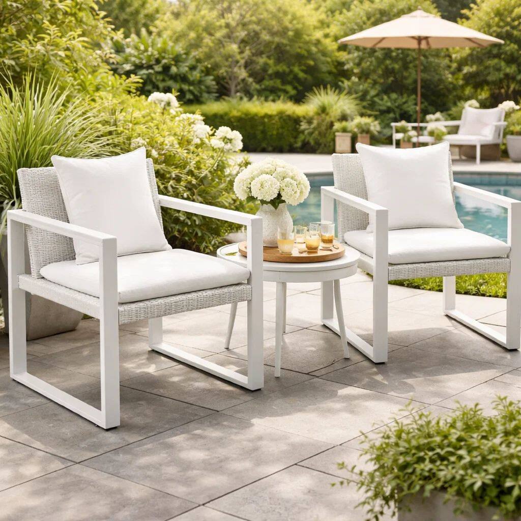 Lark 28 Inch Outdoor Armchair, All Weather Rattan Backrest, White Fabric