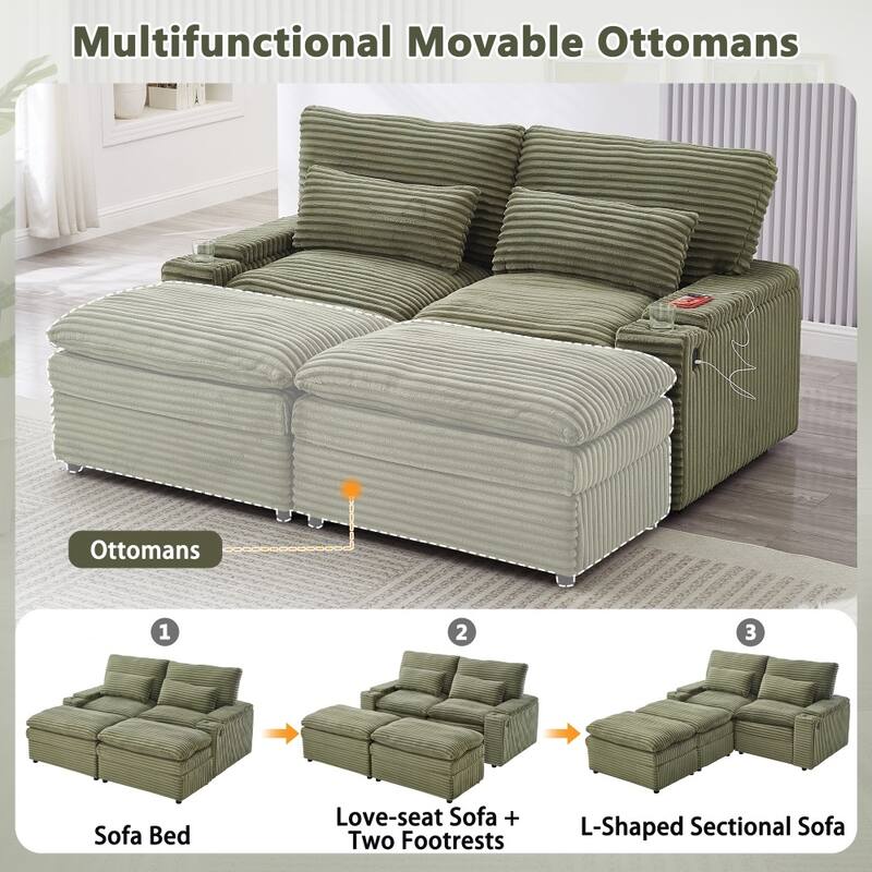 70.9" Loveseat Sectional Convertible Sofa with Ottomans and Storage Space, USB Ports