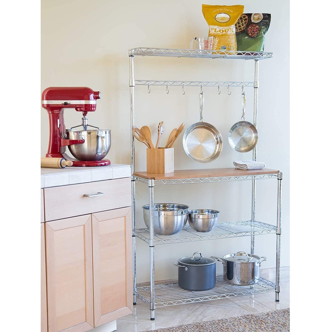 Baker's Rack Microwave Oven Rack Shelving Storage with Wood Cutting Board