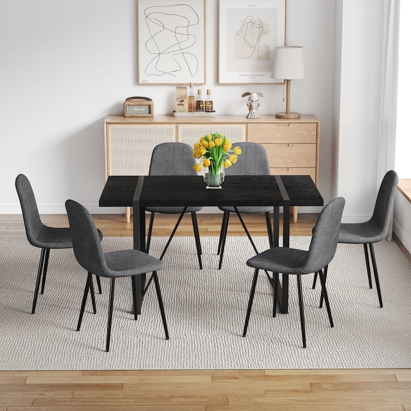 55-Inch Retro Rectangular Dining Table and Chair Set with Textured Tabletop, Includes 6 Linen-Cotton Dining Chairs