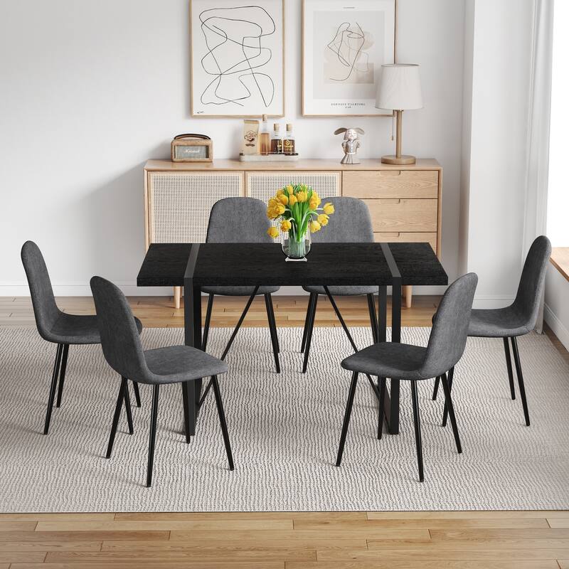 7-Piece Minimalist Retro Dining Table Set, 55-Inch Rectangular Table with Textured Top & 6 High-Resilience Fabric Chairs