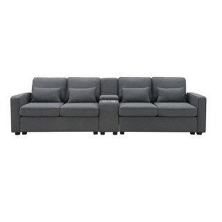 Dark Grey Linen Fabric Upholstered Sofa with USB Ports and Cupholders ...