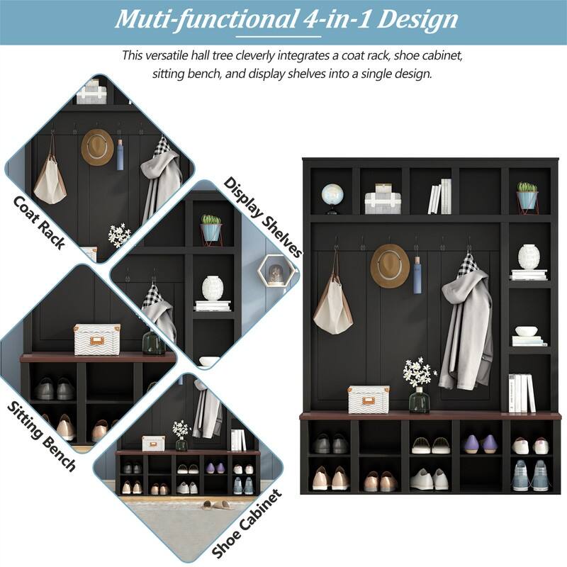 Farmhouse 4-in-1 Hall Tree with Shoe Cabinet, Entryway Storage Bench with 13 Cubbies, Coat Rack w/ Adjustable Shelves & 6 Hooks