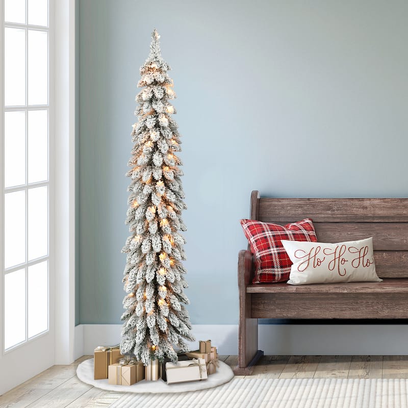 Puleo International Pre-Lit 5' Flocked Pencil Alpine Artificial Christmas Tree