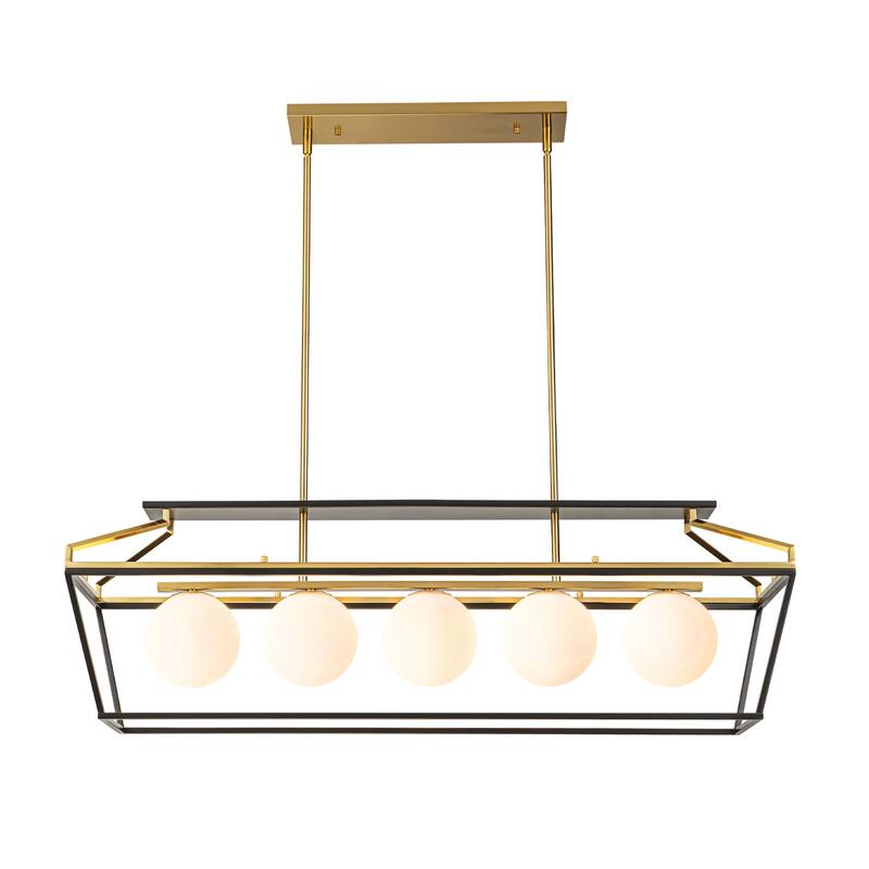 5-Light Modern Linear Chandelier in Matte Black and Brass Finish with Milky White Glass Globes for Dining Room or Kitchen Island