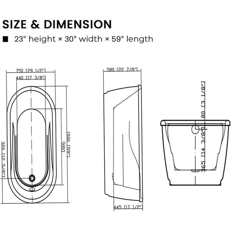 Vanity Art 59-Inch Freestanding Acrylic Bathtub Stand Alone Soaking Tub with Polished Chrome Round Overflow & Pop-up Drain - 59