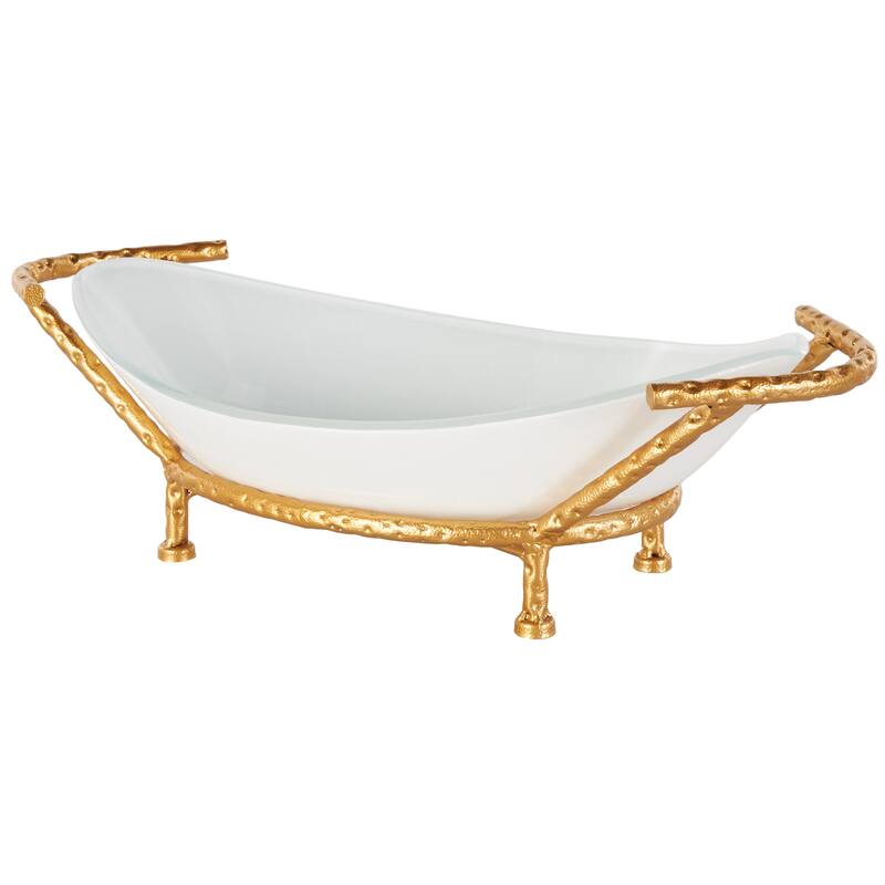 Tempered Glass Kitchen Serving Bowl with Gold Metal Stand - White - Roche River Decor - 10"W x 21"L x 6"H