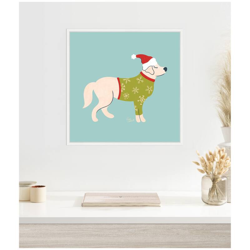 Kate and Laurel Framed Canvas Cute Christmas Golden Retriever by Carrie Cantwell