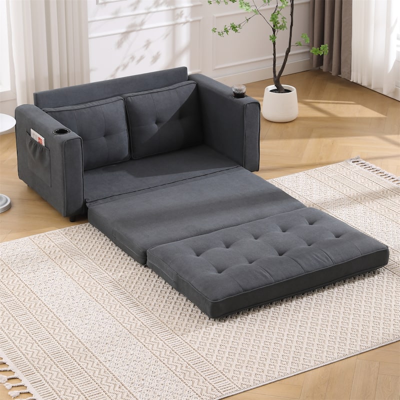 3-in-1 Foldable Convertible Upholstered Futon Sofa w/ Side Pockets