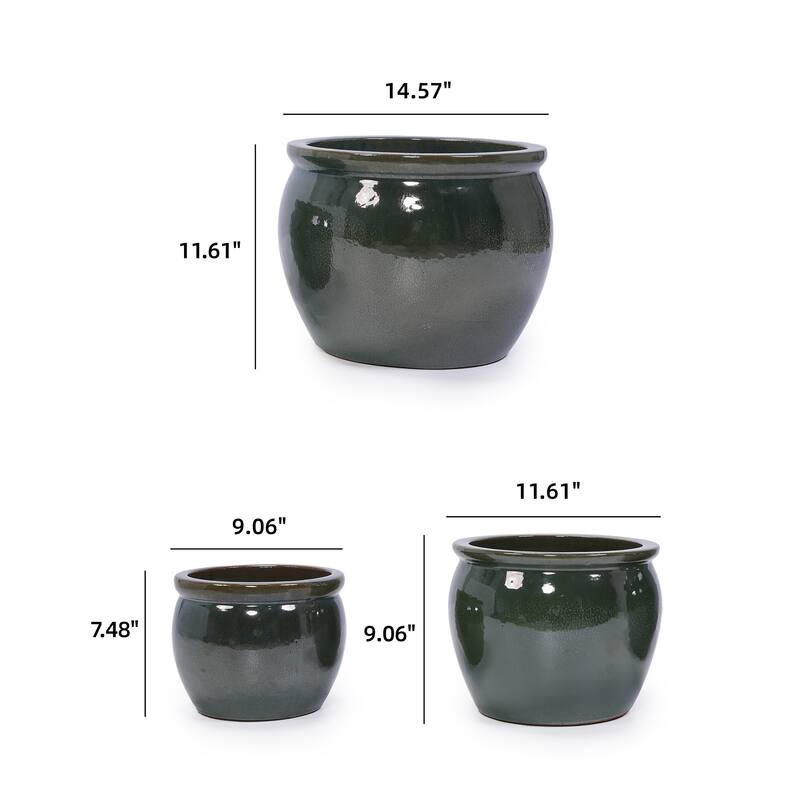 Handmade Glazed Ceramic Planter Set of 3, 15/12/9 Inch Diameter, Solid Glossy Finish