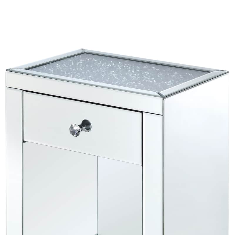 Mirrored Wooden Night Table with 1 Drawer and Bottom Shelf, Silver