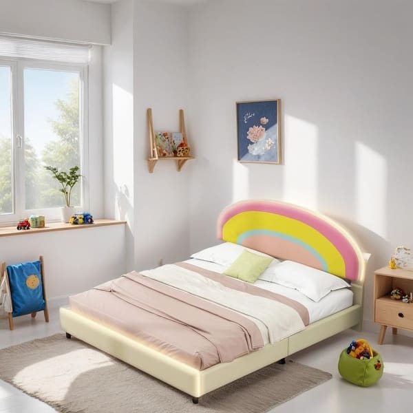 slide 2 of 9, Full Size Platform Bed with Rainbow Shaped and Height-adjustbale Headboard, Upholstered Bed with LED Light Strips, Beige