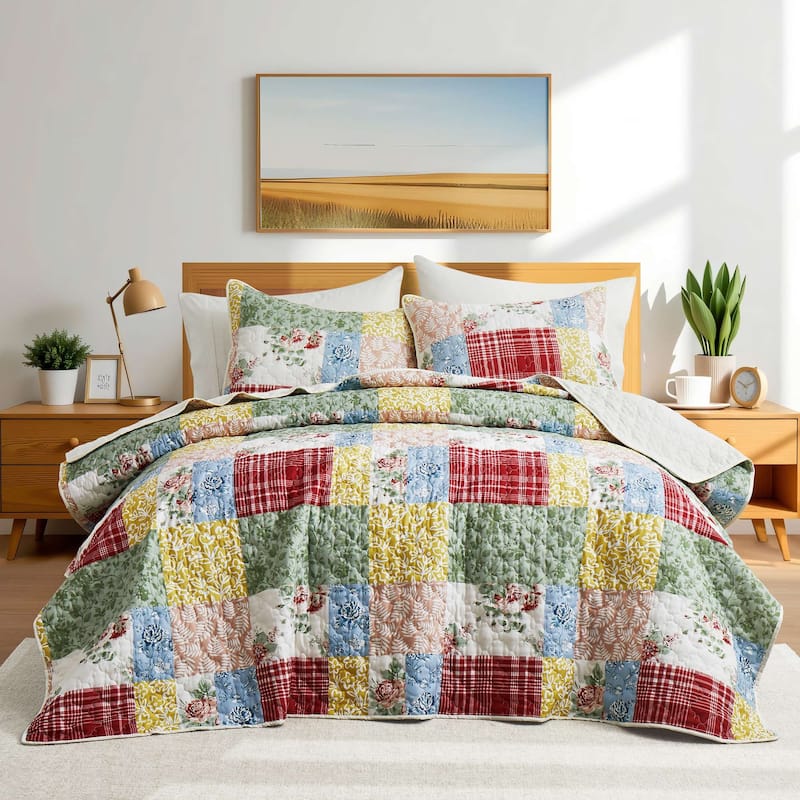 3 PCS Printed Coverlet Set Floral Geometric Bedspread Reversible Quilt and Shams Set - Farmhouse Florals - Twin