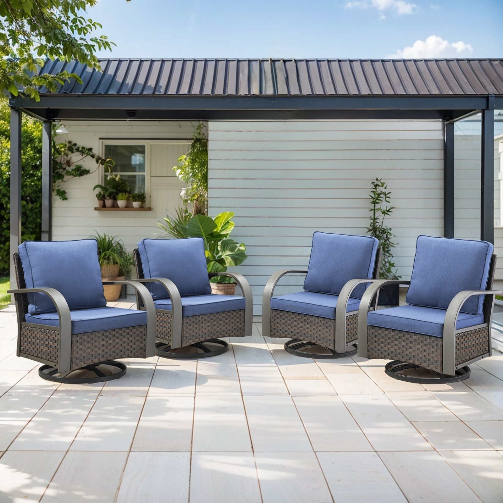 Meyreso Patio Brown Wicker Swivel Chairs Set with 4-Inch Blue Cushions