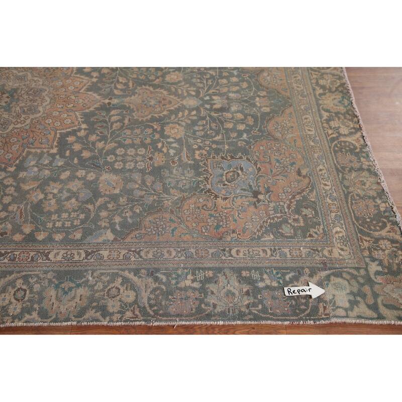 Green Tabriz Persian Vintage Area Rug Hand-knotted Wool Carpet - 6'5" x 8'11"