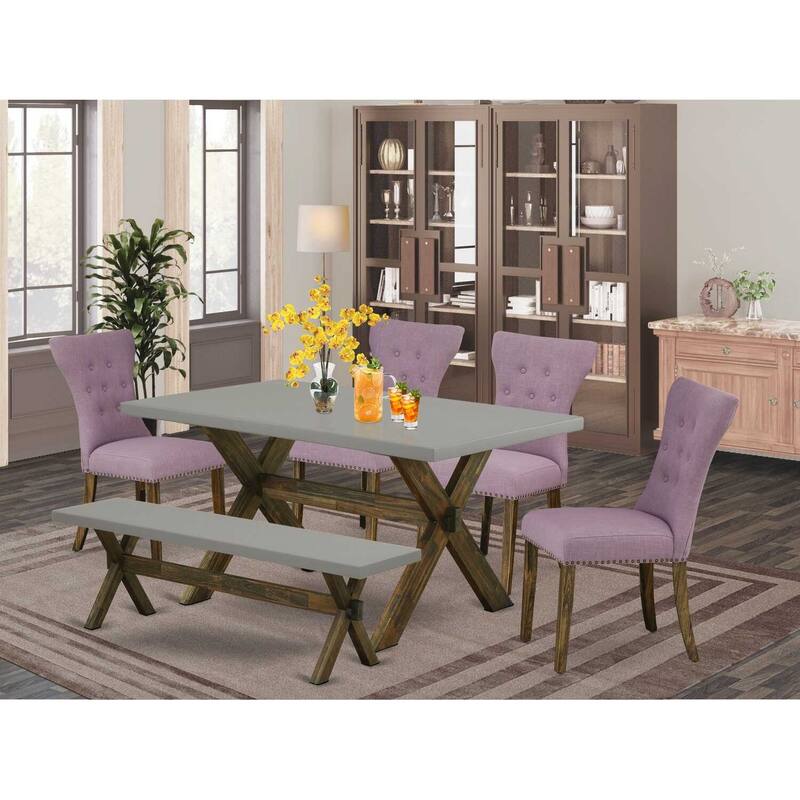 HomeStock 6-Pc Rectangle Distressed Jacobean Finish Solid Wood Top Dining Table with 1-Bench, 4-Chairs