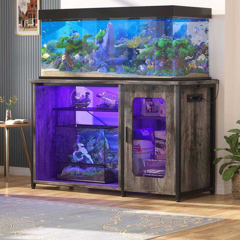 Aquarium Stand with USB Port and LED Light, Fish Tank Stand with Cabinet
