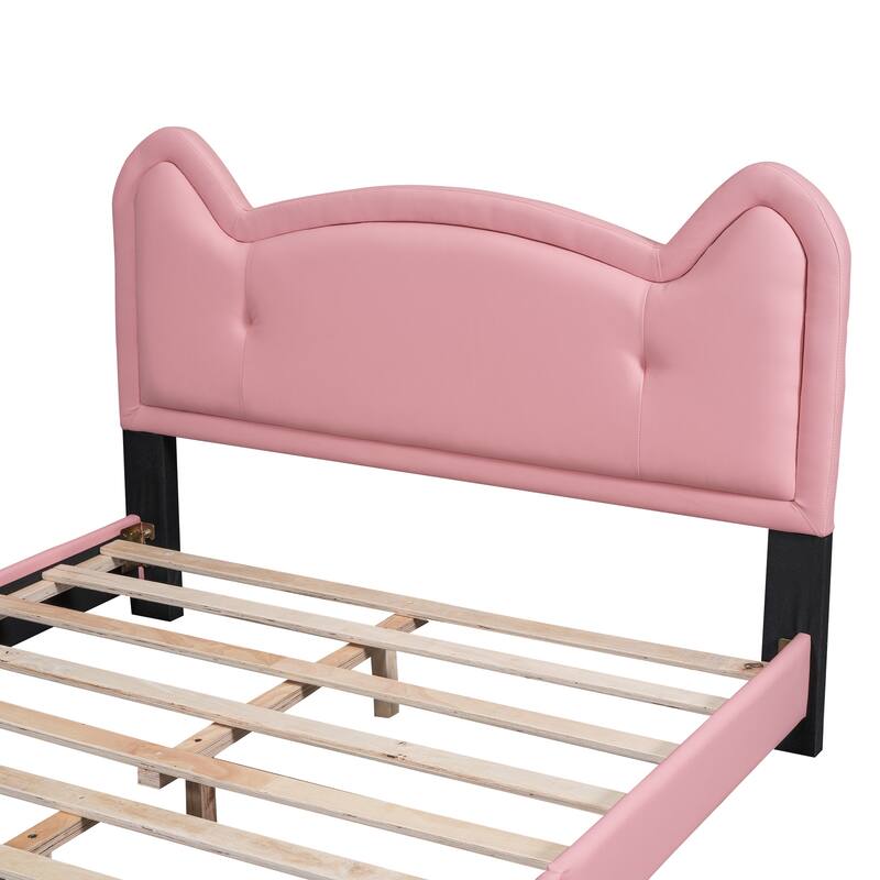 Full Size Kids Platform Bed Upholstered Bed with Cute Cat Ears Shaped