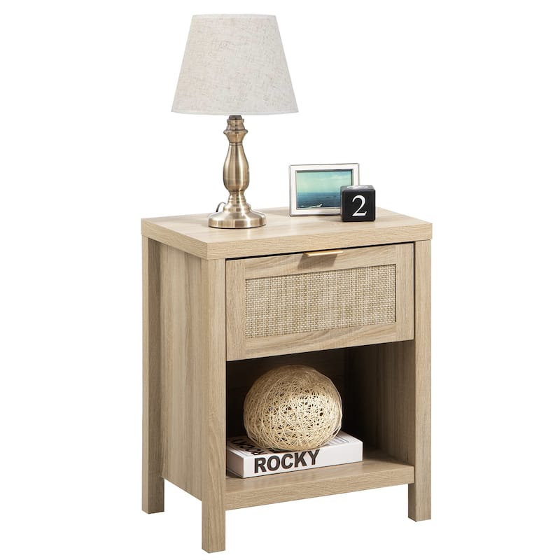 SICOTAS Farmhouse Rattan Nightstand with Drawer and Storage Shelf - Light Oak