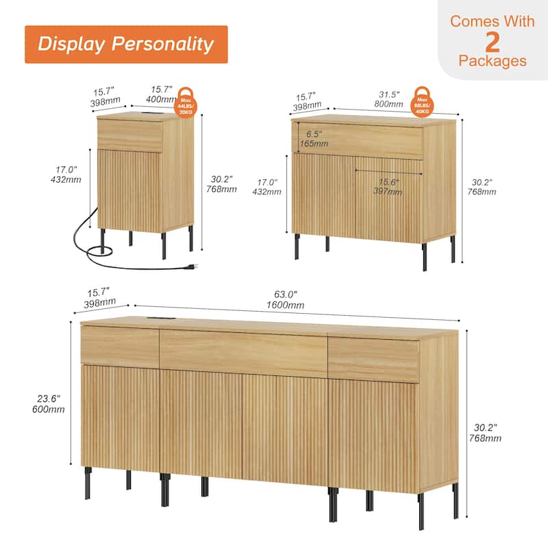 63" Wooden Reeded Sideboard With Doors And Drawers, 3-In-1 Modern Credenza With Charging
