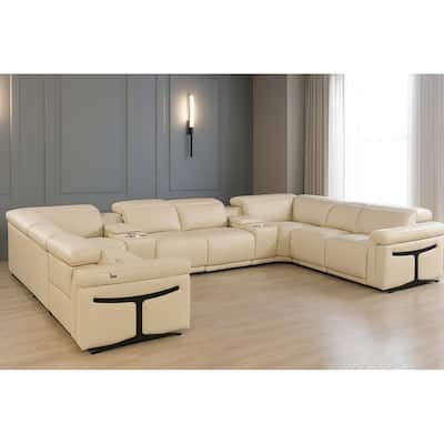 HomeRoots Beige Italian Leather Power Reclining U Shaped Ten Piece Corner Sectional With Console