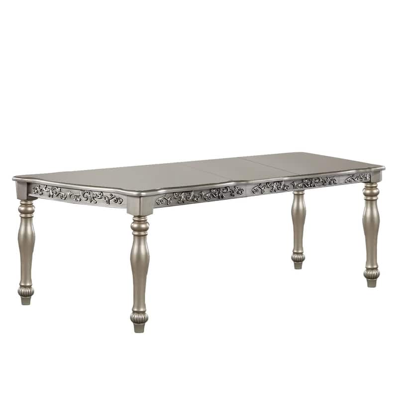 Kipp 78 Inch Dining Table, 2 Extension Leafs, Floral Carved, Champagne Wood