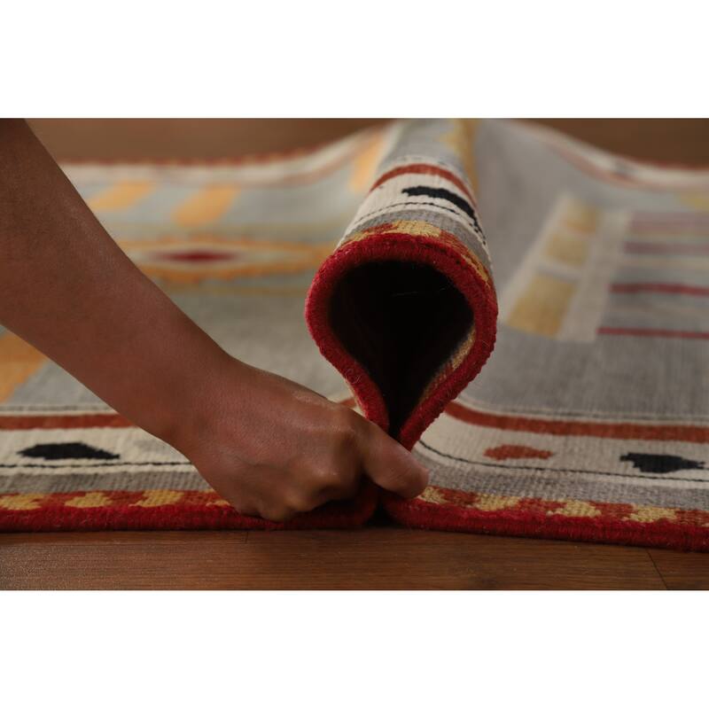 Hand Knotted Oriental 100% Wool Carpet Modern Geometric Greys & Charcoal Gabbeh Area Rug - 10' 0'' X 4' 11''