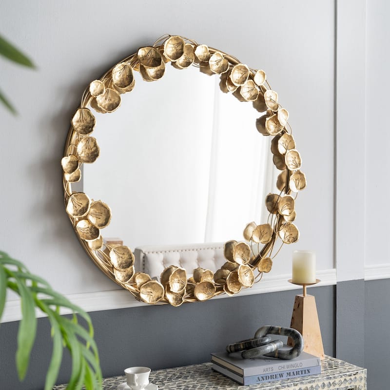 35" Round Metal Wall Mirror with Golden Leaf Accents
