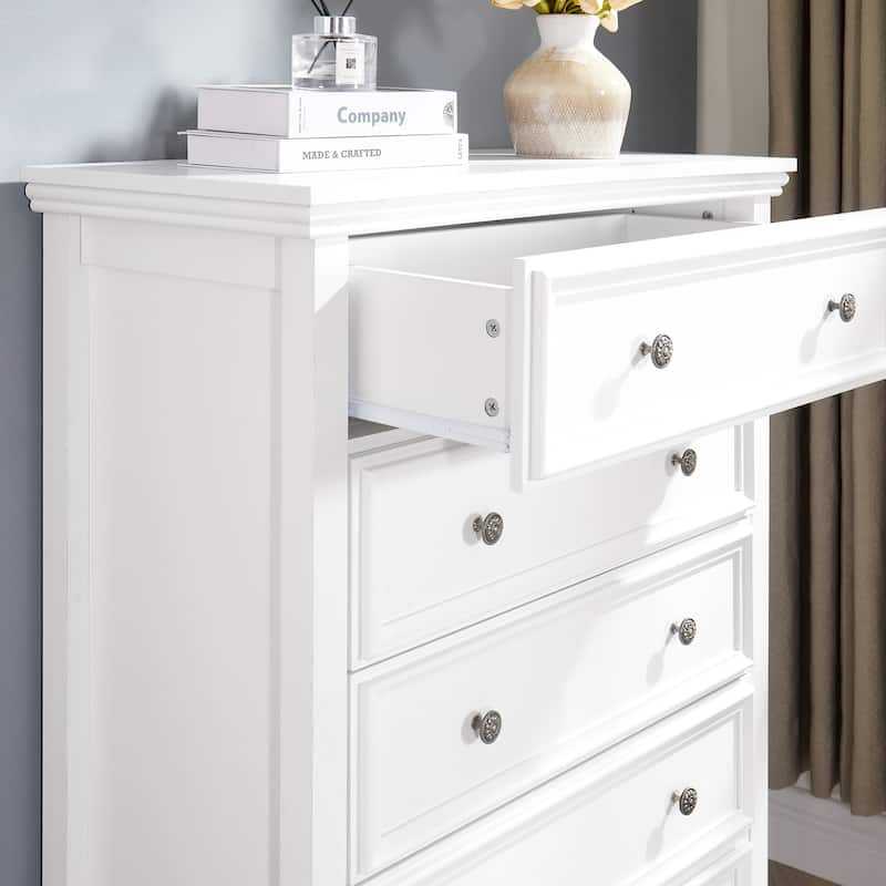 White Farmhouse 5-Drawer Dresser, Stylish Storage Cabinet Solution