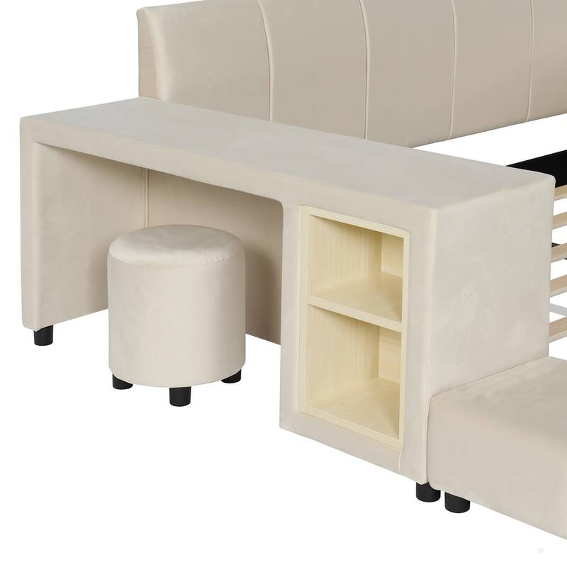 Upholstered Grounded Bed Mother & Child Bed with Bedside Desk and Little Round Stool