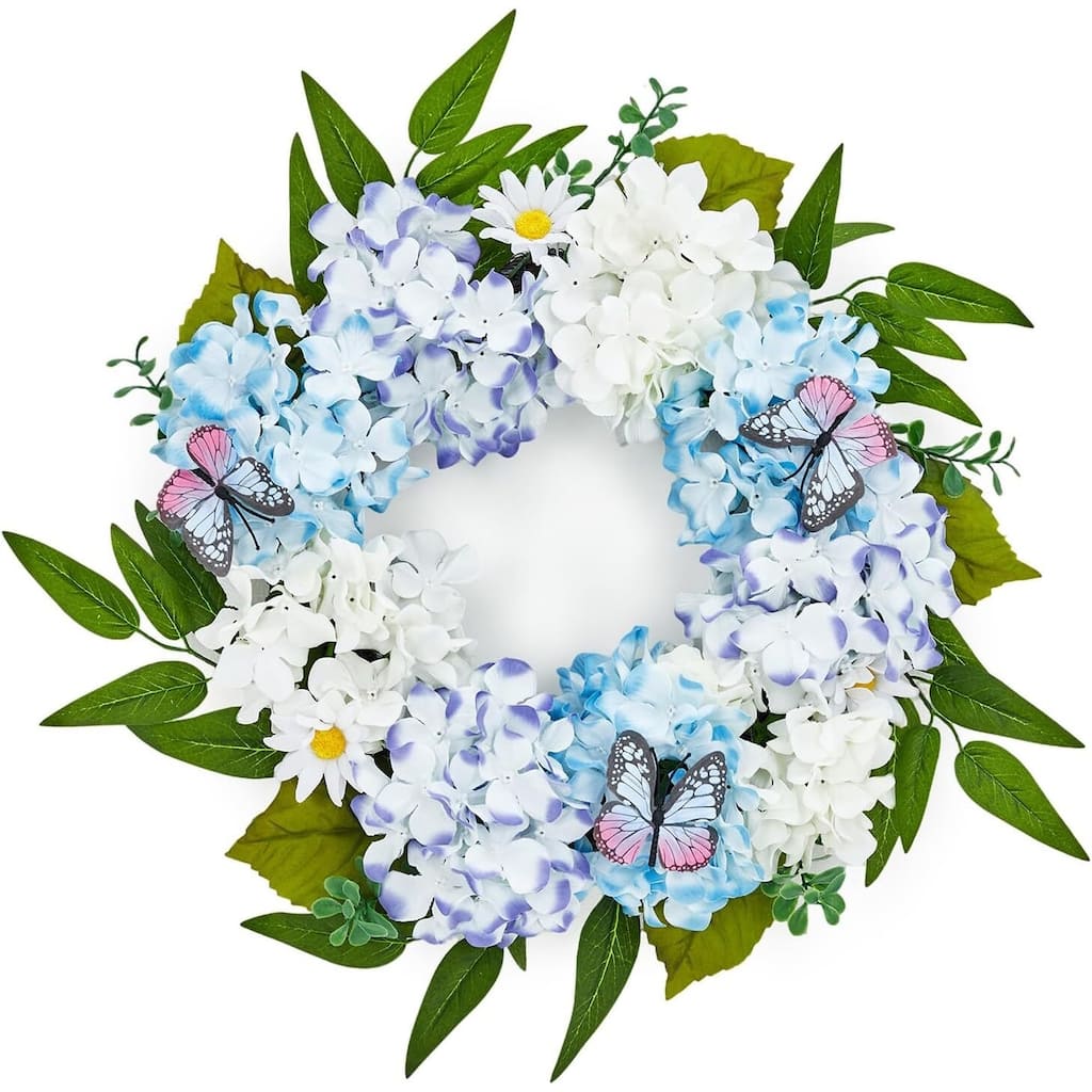 20" Spring Decor Hydrangea Wreath for Home Wall Porch Wedding with Bufferfly Disies