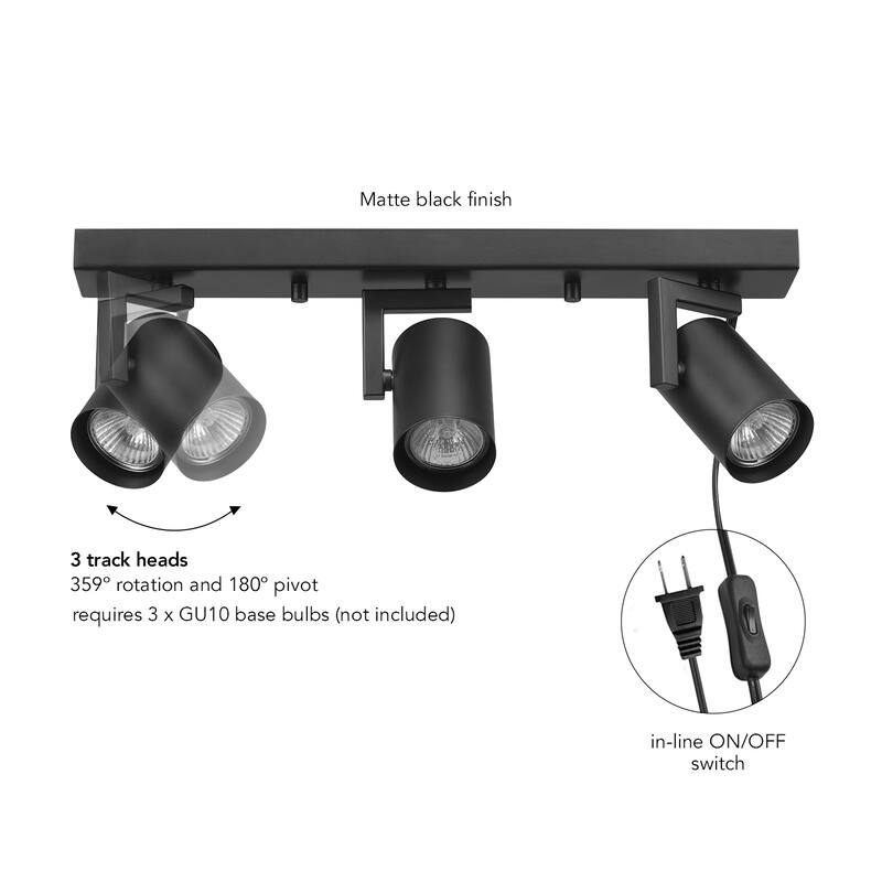 17" 3-Light Matte Black Plug-In Track Lighting with 15 Foot Cord and Pivoting Track Heads - 2.38"