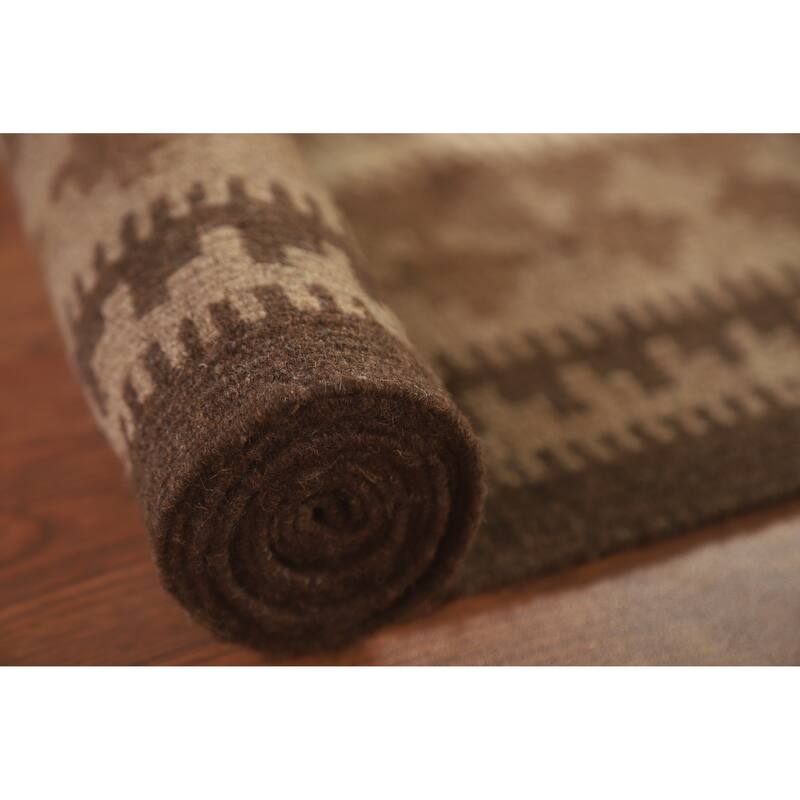 Hand Woven Oriental 100% Wool Carpet Southwestern Geometric Brown Kilim Area Rug - 9' 8'' X 6' 7''