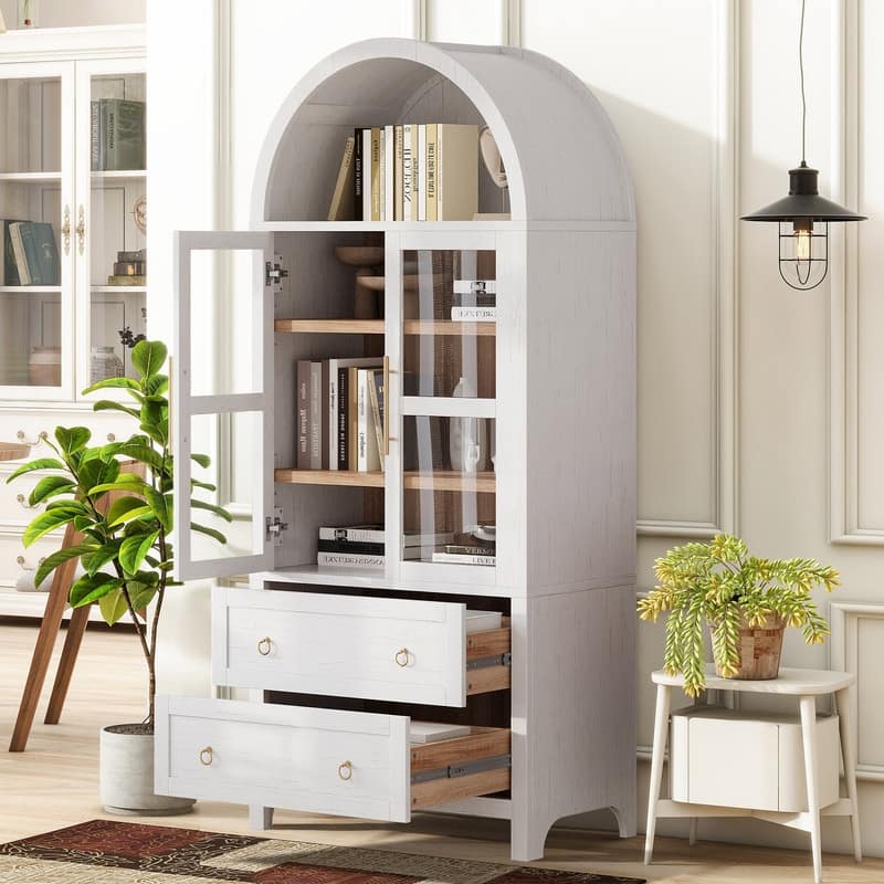 Farmhouse 71" Tall Arched Kitchen Pantry Cabinet with 2 Large Drawers, Modern Kitchen Storage Cabinets with Adjustable Shelves