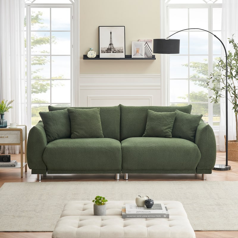 Fabric Sofa Tufted Couch, Upholstered Deep Seat Sofa with 4 Throw Pillows, Modern Lounge Couch with Round Metal Legs