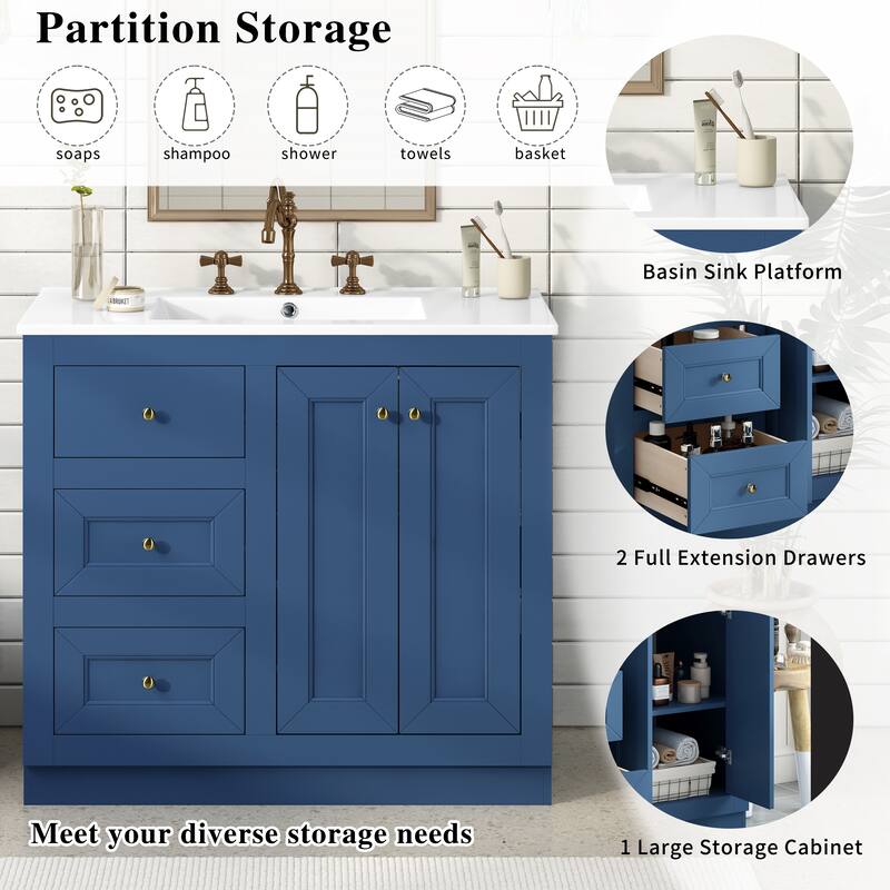 Roomfitters 36" Vanity with Ceramic Sink, Freestanding Cabinet with 2 Drawers and Shelf, Solid Wood and MDF Structure, Blue