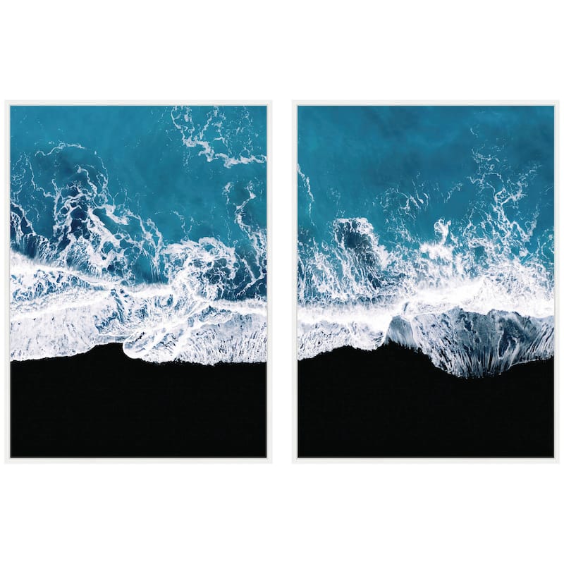 Kate and Laurel Sylvie Minimalist Ocean Waves on Beach Framed Canvas Art Set by Michael Schauer