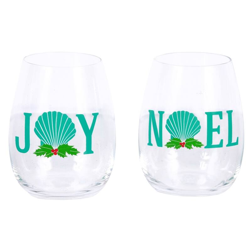 Seaside Holiday Joy and Noel Words Stemless Wine Glasses Set of 2 - Clear