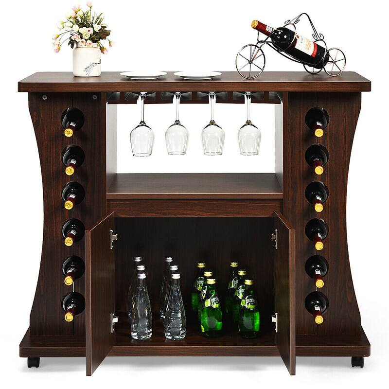 Gymax Rolling Buffet Sideboard Wooden Bar Storage Cabinet w/ Wine Rack - 43.5'' x 15.5'' x 36'' (L x W x H)