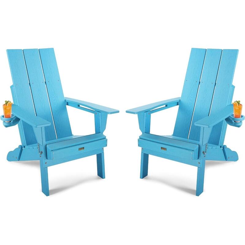 WINSOON Modern HDPE Outdoor Folding Adirondack Chair With Cup Holder-Set Of 2 - Baby Blue