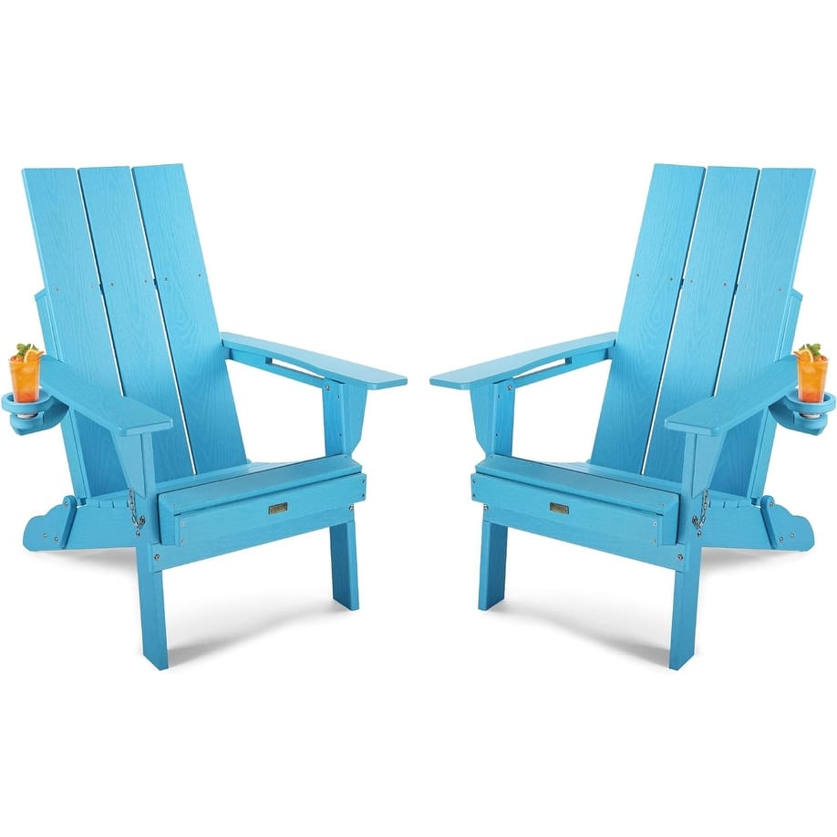 WINSOON Modern HDPE Outdoor Folding Adirondack Chair With Cup Holder-Set Of 2