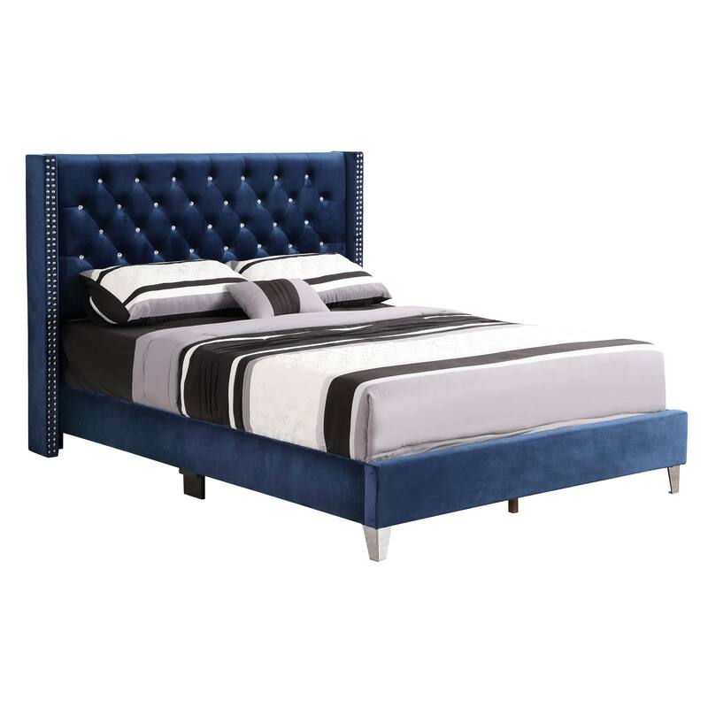 Navy Blue Upholstered Queen Bed with Transitional Style