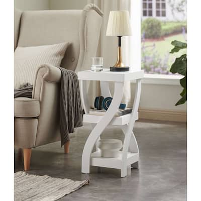 Side End Table, Accent Nightstand with Curved Legs and Storage Shelfs, White