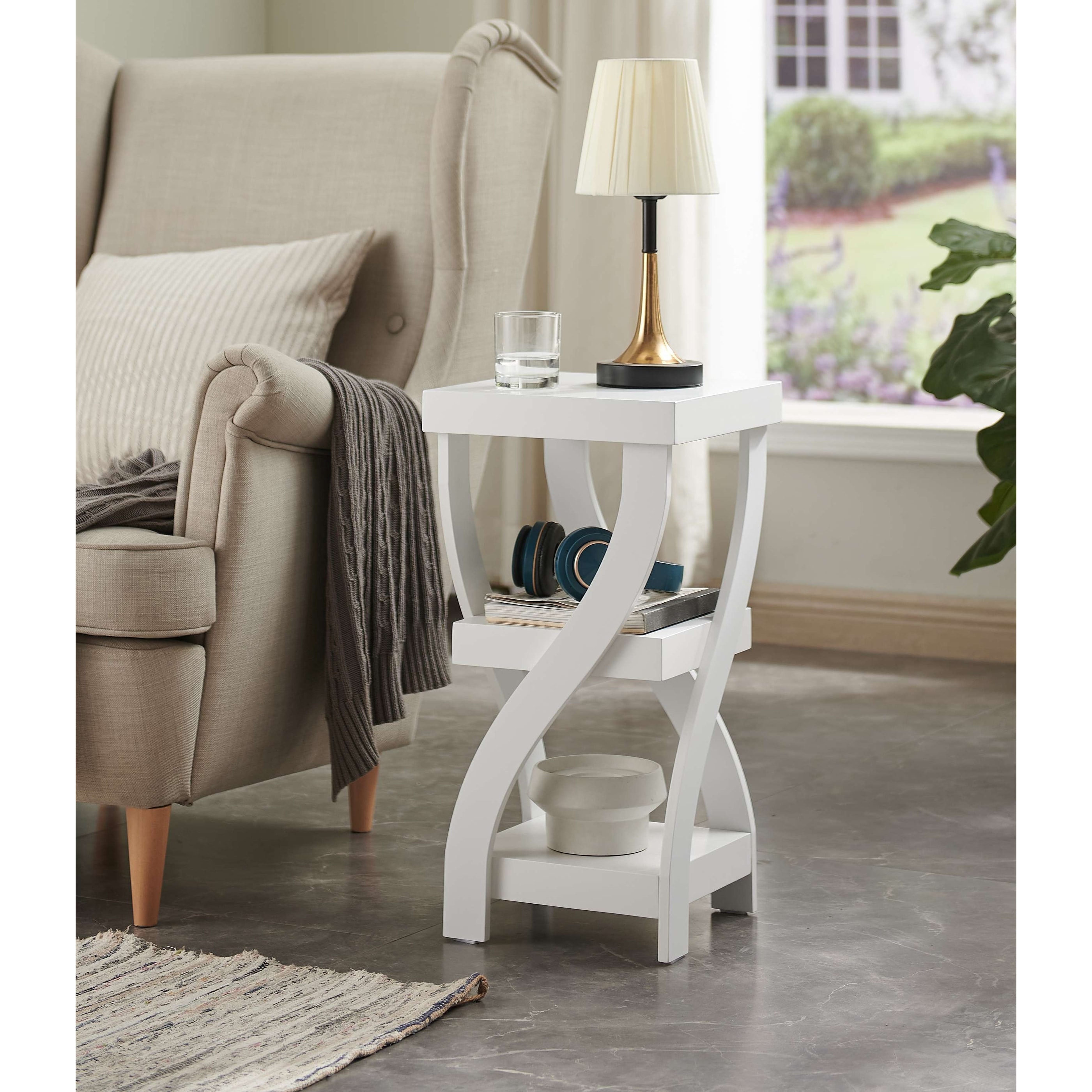 InRoom Designs InRoom Designs Twisted Wood Table, 3-Tier Side Table with Shelves, Narrow Nightstand for Bedroom or Living Room