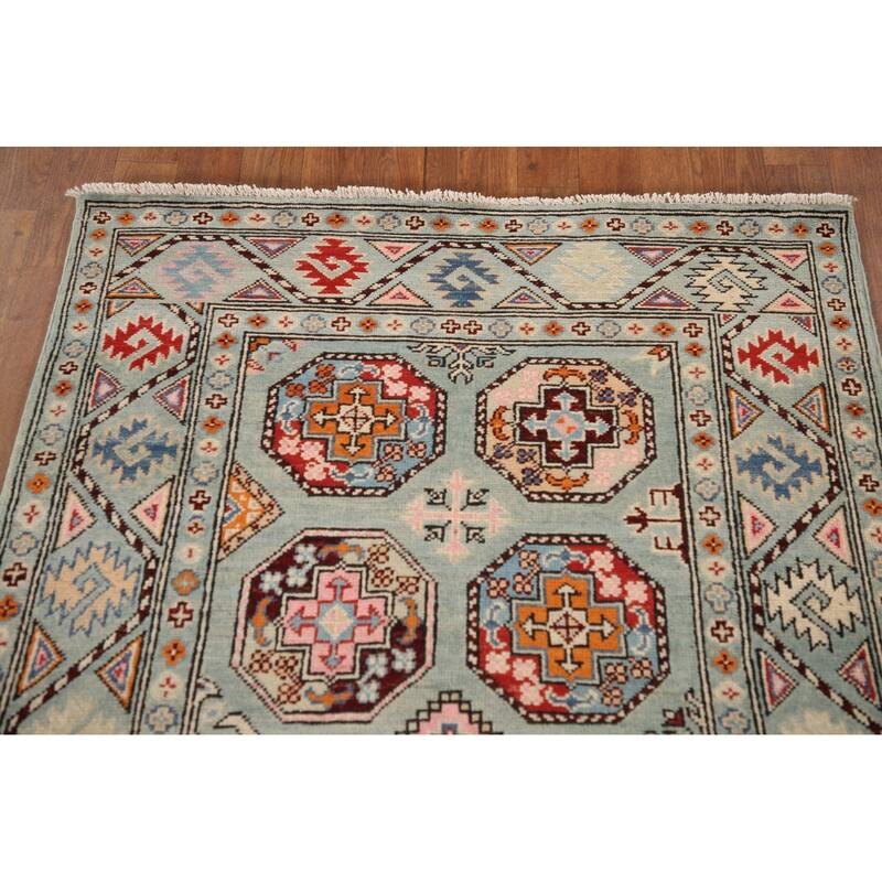 Geometric Kazak Rug Hand-Knotted Blue Wool Carpet - 3'3"x 4'11"