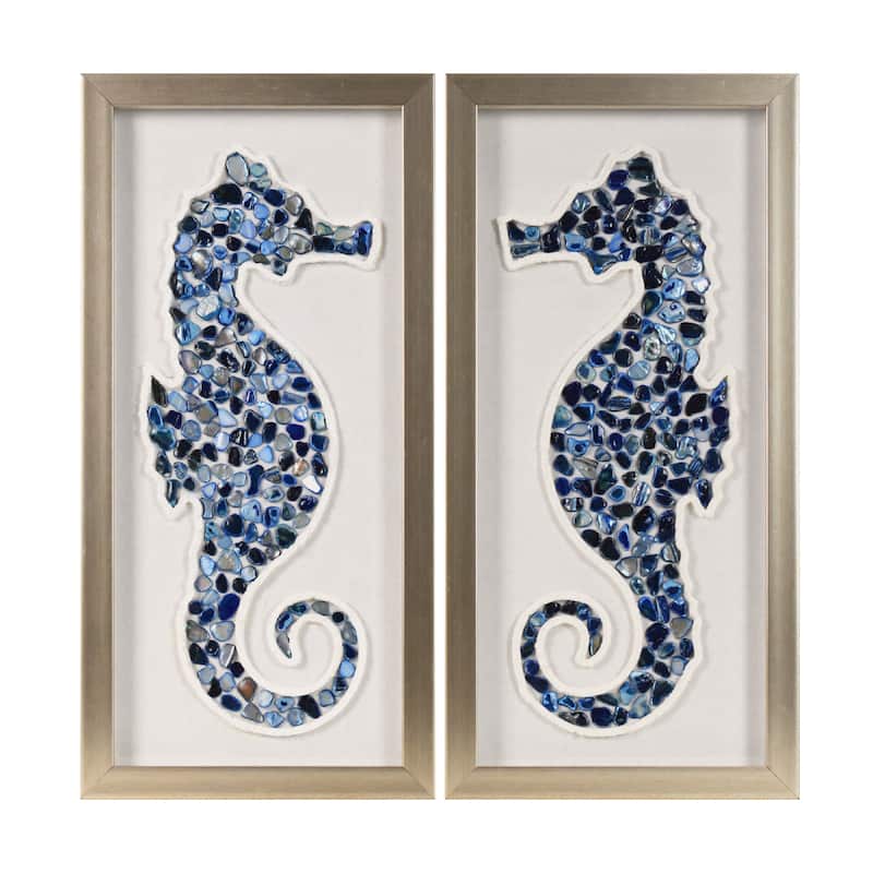American Art Decor 2-Piece Coastal Seashell & Sea Glass Shadowbox Framed Wall Art Set - Glass Shell Seahorse