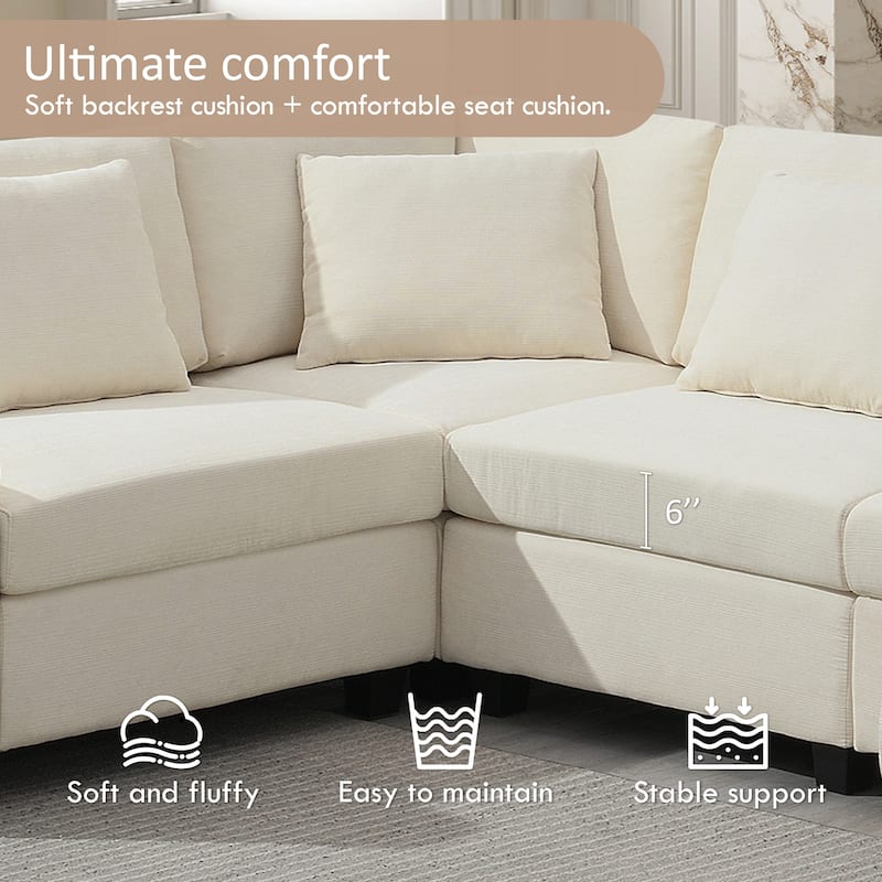 Chenille Sectional Sofa with Hidden Armrest Storage, Cup Holders, USB Charging Ports and Oversized Ottoman Chaise Lounge